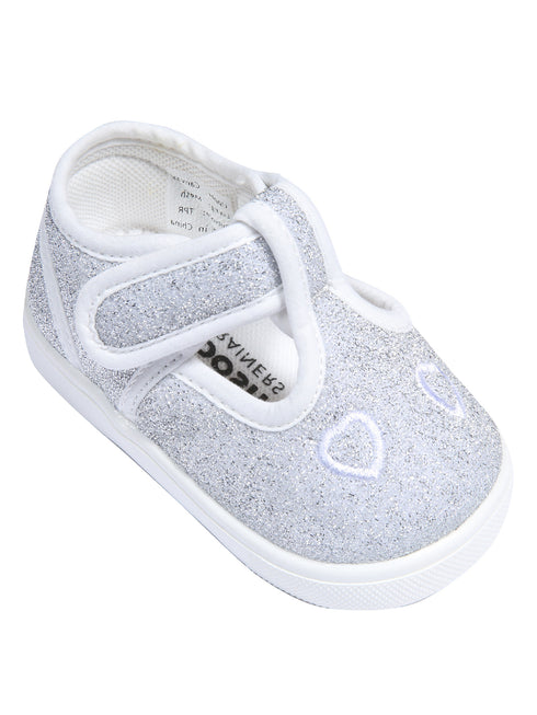 Mooshu Trainers Girls Silver Hearts TStrap Squeaky Casual Shoes 3 Baby-9 Toddler - SophiasStyle.com